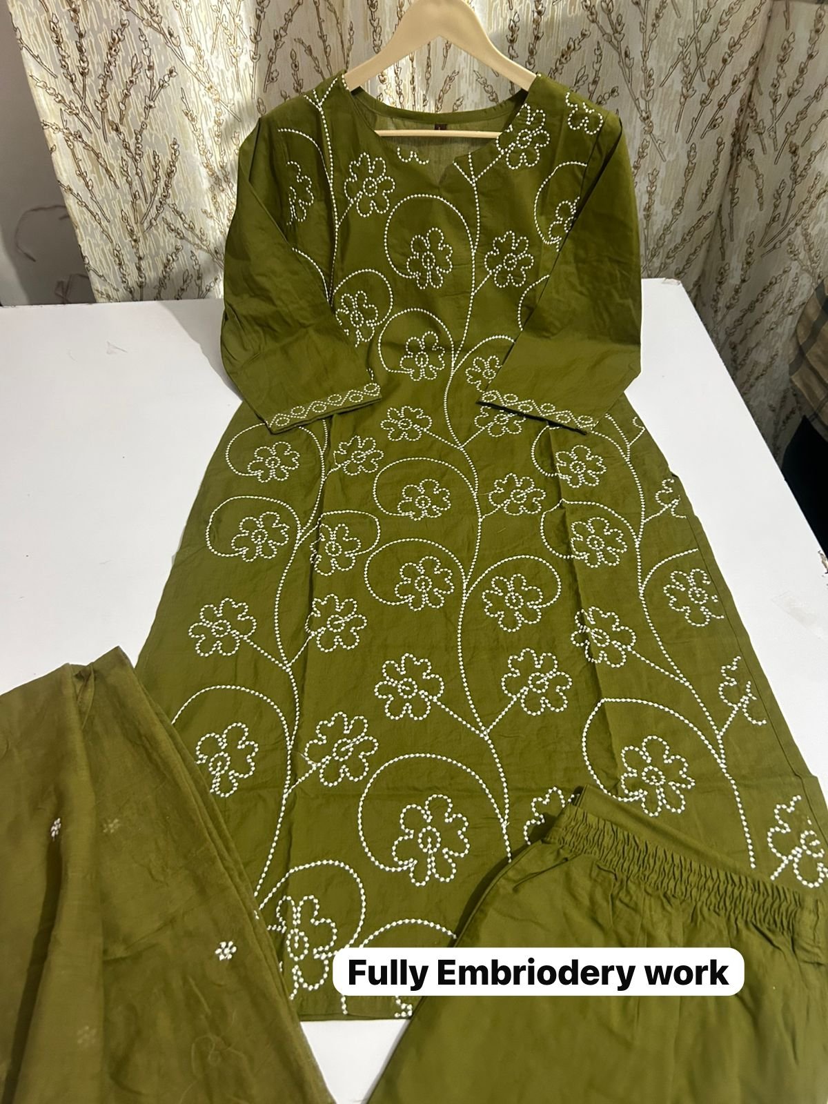 Green Cotton Embroidered Khadi Suit Set